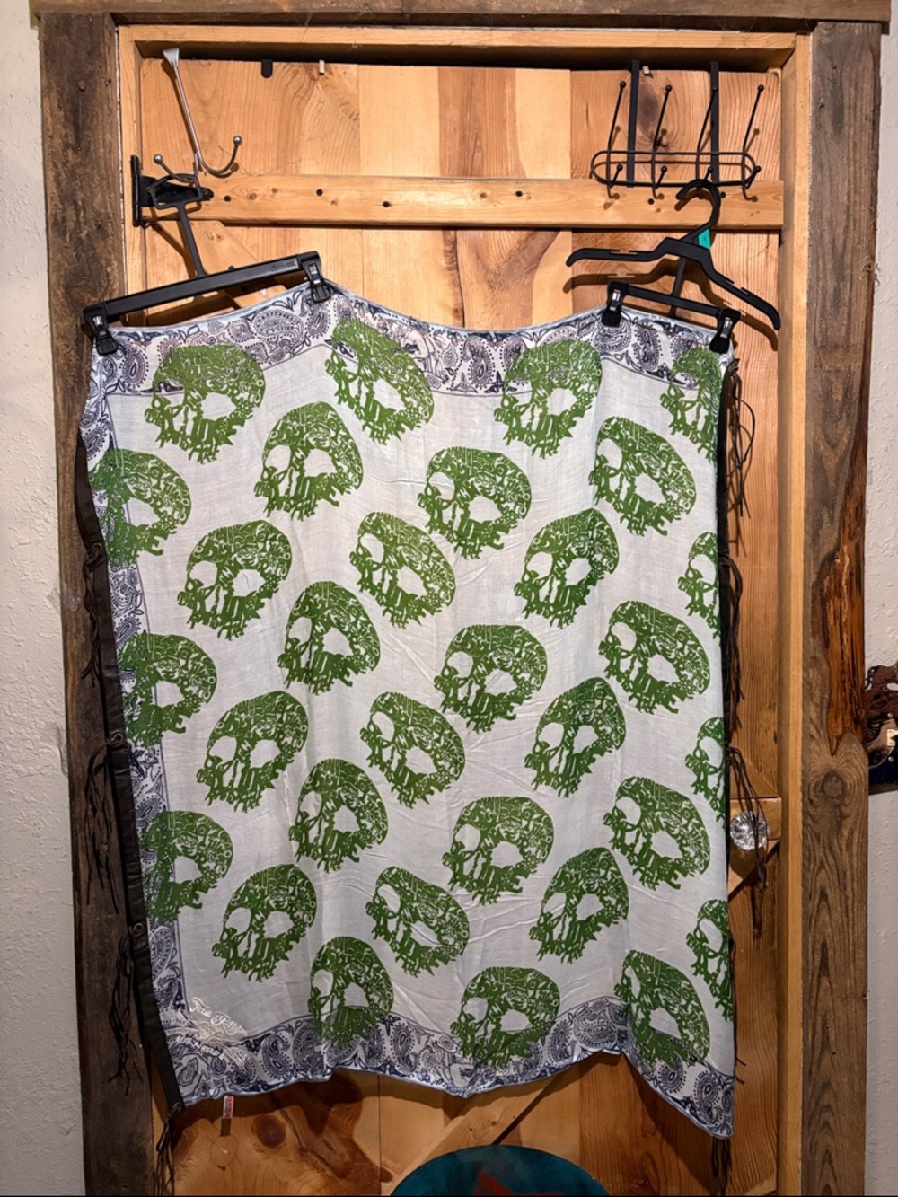 True Religion White Wrap with Green Skull Print and Dark Leather Fringe Accents